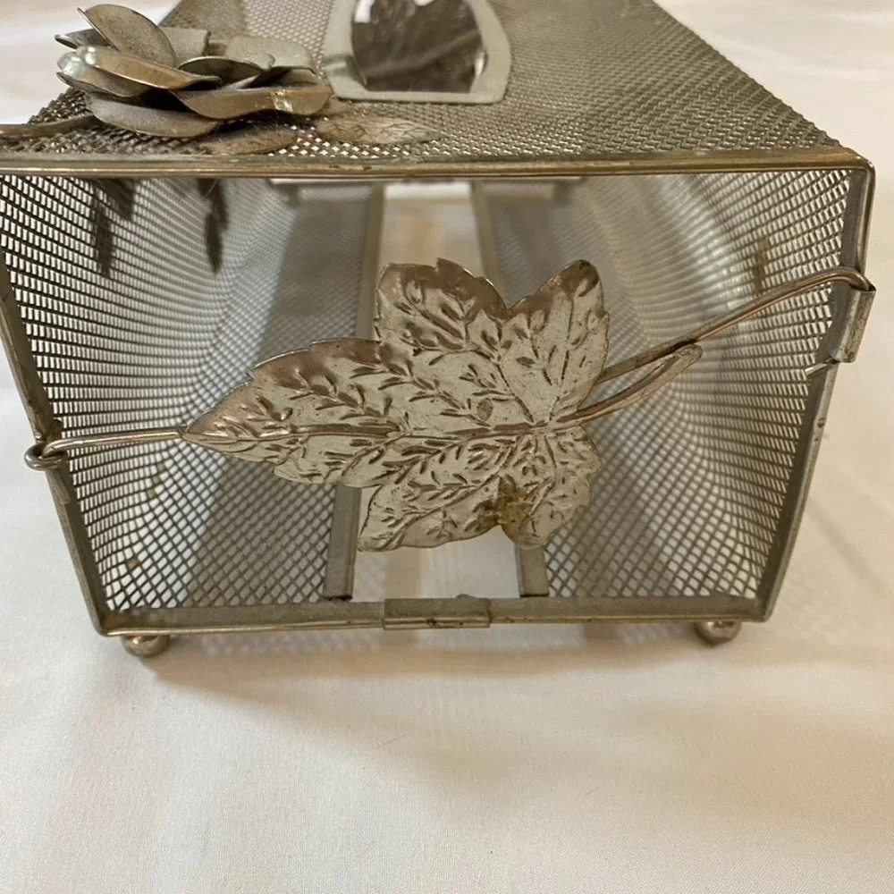 Vintage 50s 60s metal mesh tissue box with roses Mid Century Modern